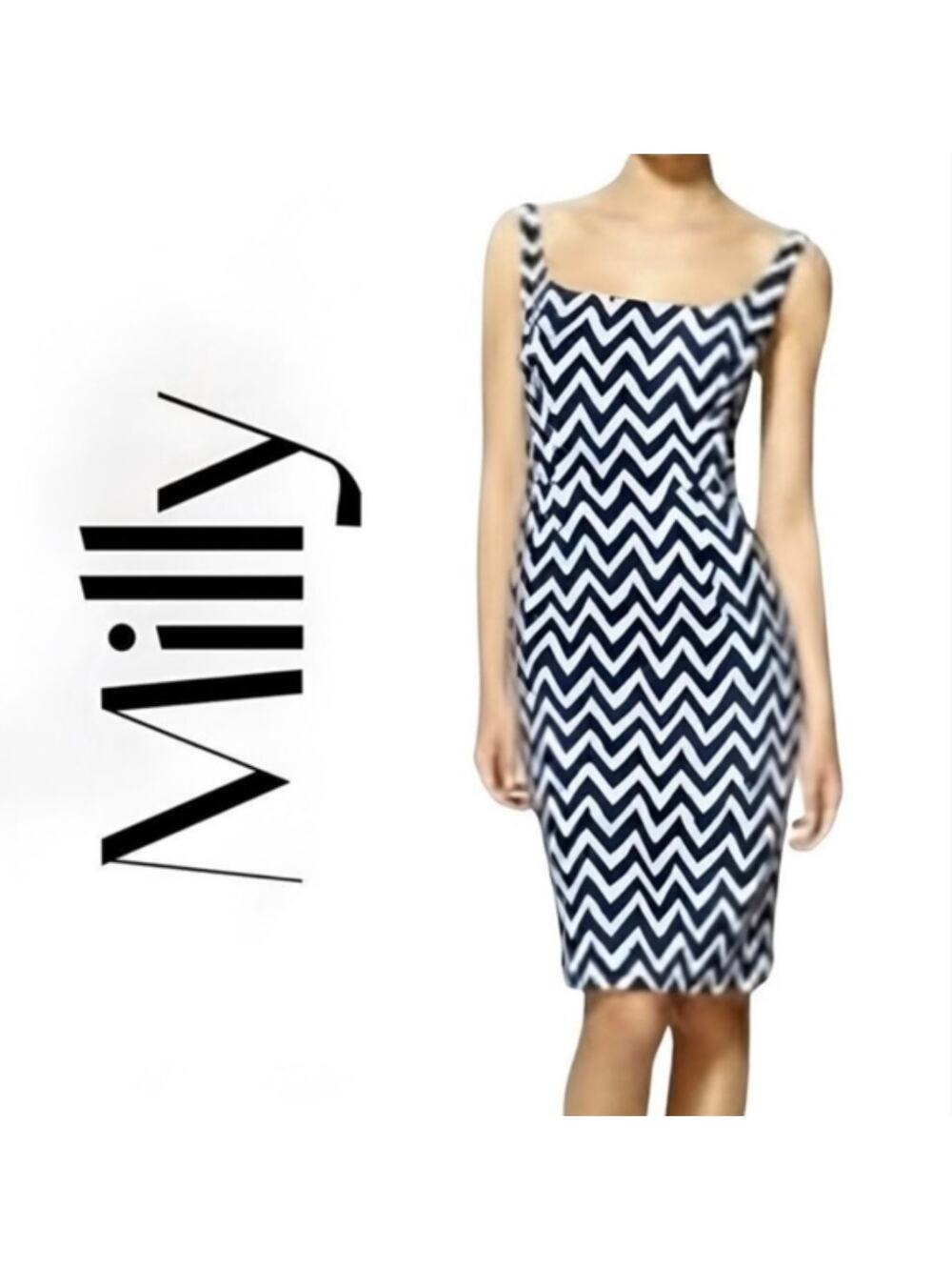 Milly Of New York Womens 10 Blue White Chevron Midi Sheath Tank Dress Designer